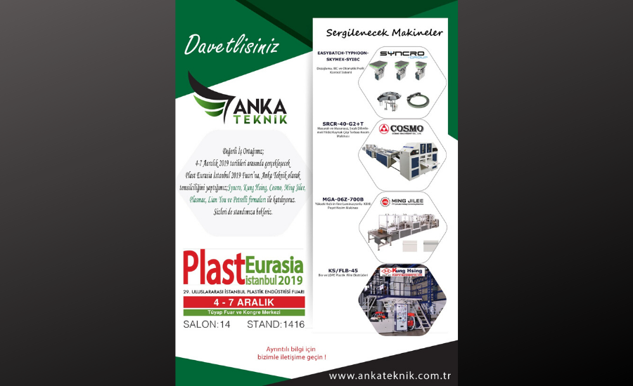 Plast Eurasia 2019 Fuarı'nda Sergileyeceğimiz Makinalar