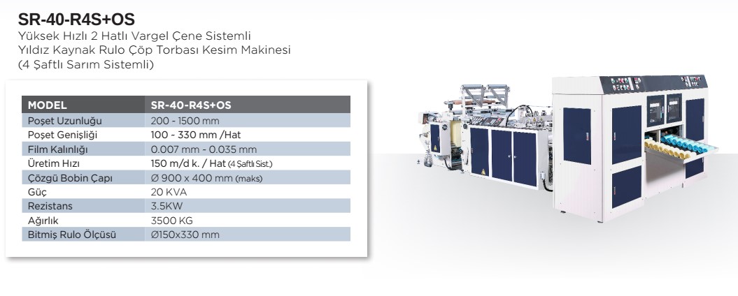 SR-40-R4S+OS / Yüksek Hızlı 2 Hatlı Vargel Çene Sistemli Yıldız  Kaynak Rulo Çöp Torbası Kesim Makinesi (4 Şaftlı Sarım Sistemli)